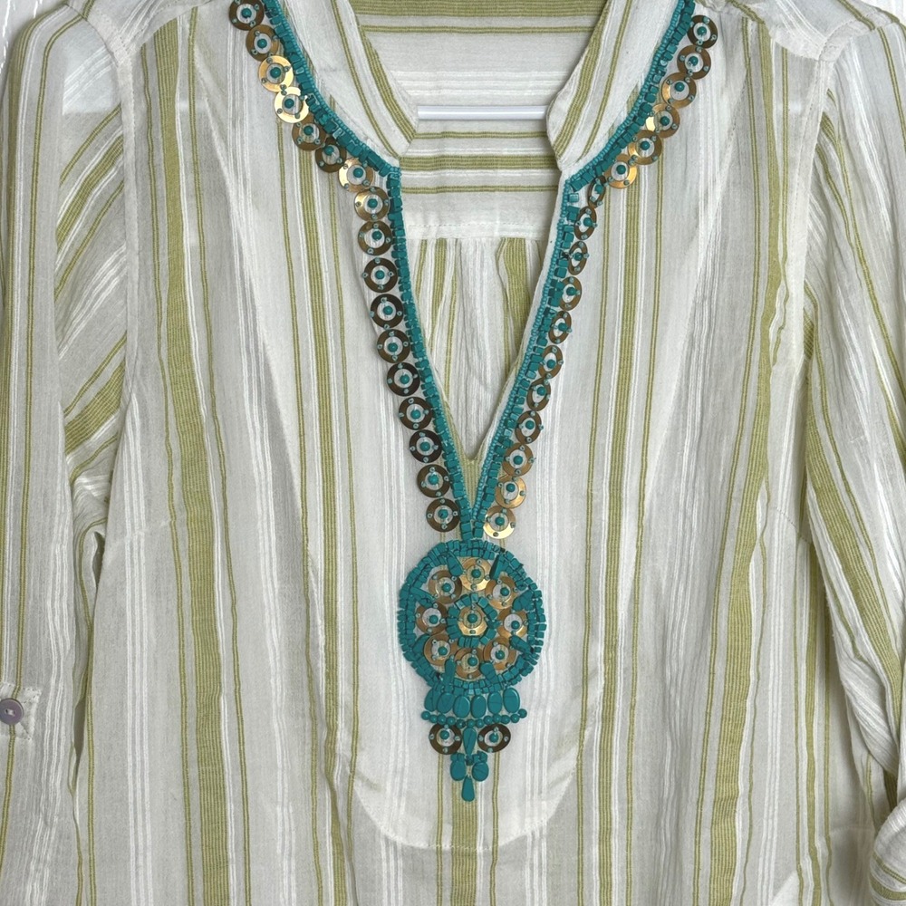 Soft Surroundings Women's M Striped Tunic Top Teal Beaded Embellishment Cotton - Picture 2 of 9